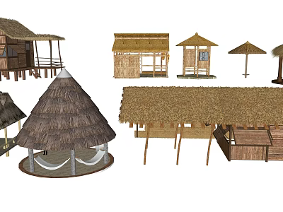 Traditional Village Structures With Thatched Roofs Including Huts Pavilions And Sheds 3d model