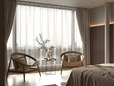 Modern Hotel Room Interior With Large Windows Curtains Wicker Chairs Small Table And Bed 3d model