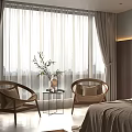Modern Hotel Room Interior With Large Windows Curtains Wicker Chairs Small Table And Bed