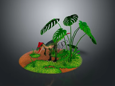Red Head Green Body Dinosaur In Natural Habitat With Lush Green Plants Brown Soil And Grass 3d model