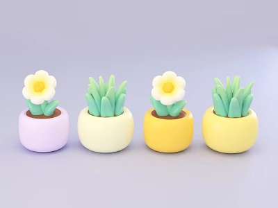 Cute Potted Succulents With White Flowers In Colorful Purple Cream Yellow Planters 3d model
