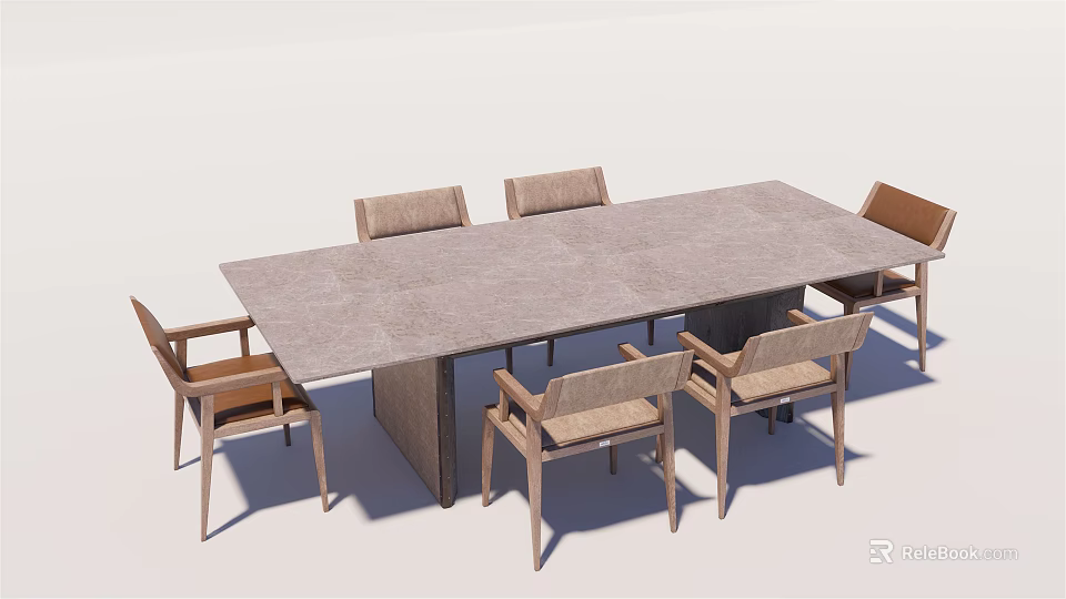Modern Dining Table Set With Gray Tabletop And Six Wooden Chairs 3d model