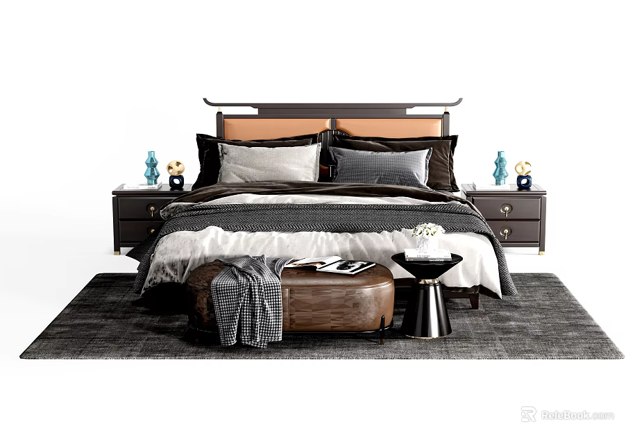 Modern Double Bed Bedroom Setting with Nightstands Pillows Bench and Decorative Vases 3d model