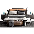 Modern Double Bed Bedroom Setting with Nightstands Pillows Bench and Decorative Vases 3d model
