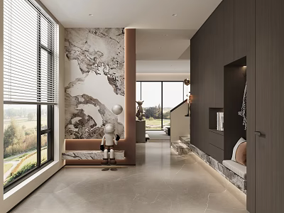 Modern Foyer Hallway Design With Art Wall Sculpture And Large Windows 3d model