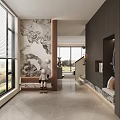 Modern Foyer Hallway Design With Art Wall Sculpture And Large Windows