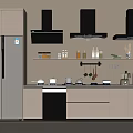 Modern Kitchen Interior With White Cabinets Black Range Hoods And Various Cooking Utensils On Countertop