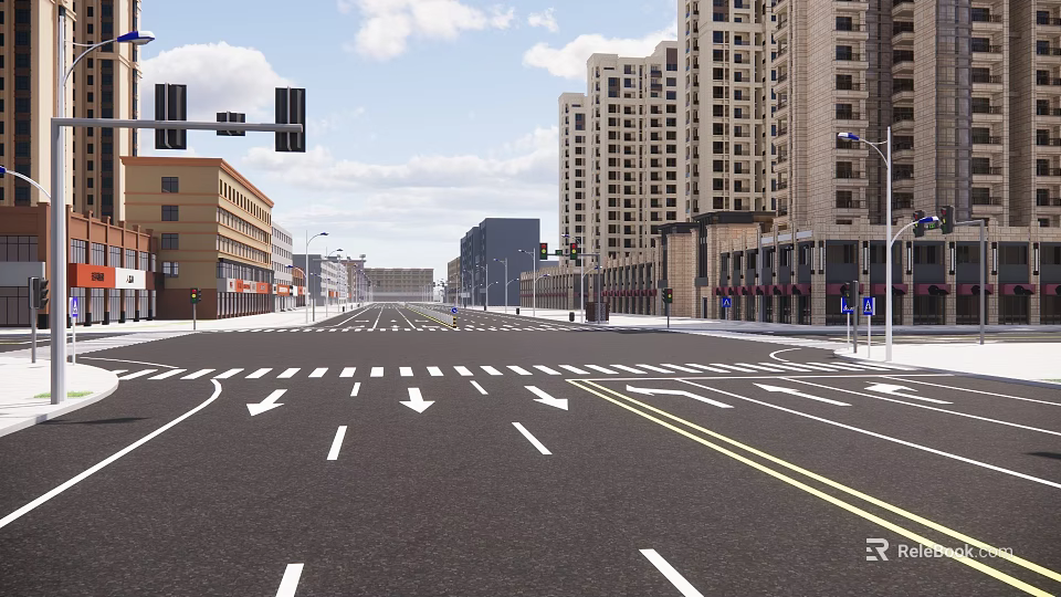 Commercial Street With Tall Buildings Wide Road Traffic Lights And Street Lamps 3d model 
