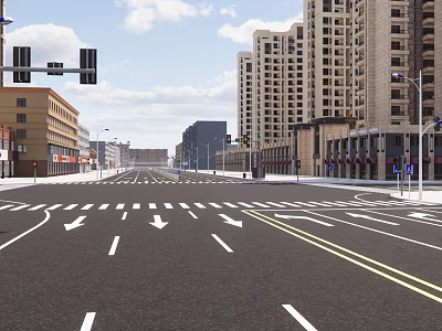 Commercial Street With Tall Buildings Wide Road Traffic Lights And Street Lamps 3d model
