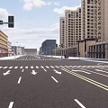 Commercial Street With Tall Buildings Wide Road Traffic Lights And Street Lamps