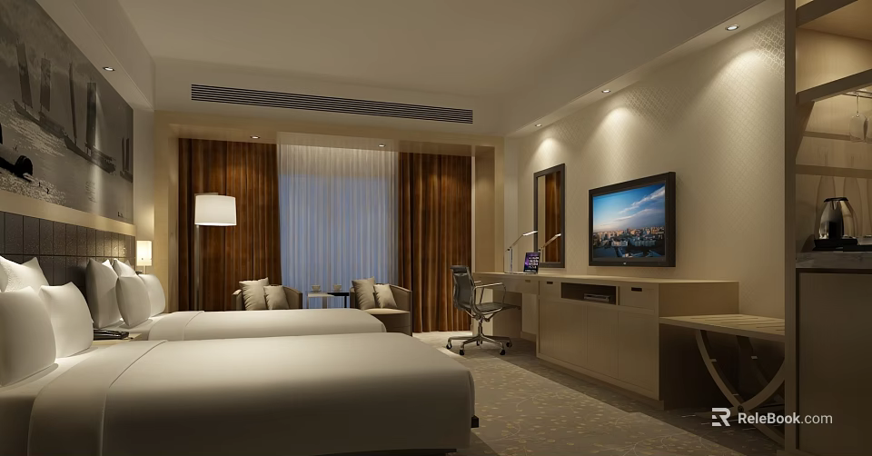 Modern Hotel Room Interior With Double Bed Flat Screen TV And Work Desk 3d model 
