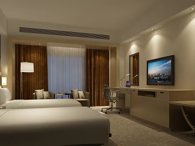 Modern Hotel Room Interior With Double Bed Flat Screen TV And Work Desk 3d model