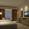 Modern Hotel Room Interior With Double Bed Flat Screen TV And Work Desk