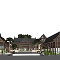 Tropical Wooden Resort Buildings With Gabled Roofs Palm Trees And Calm Waterfront View