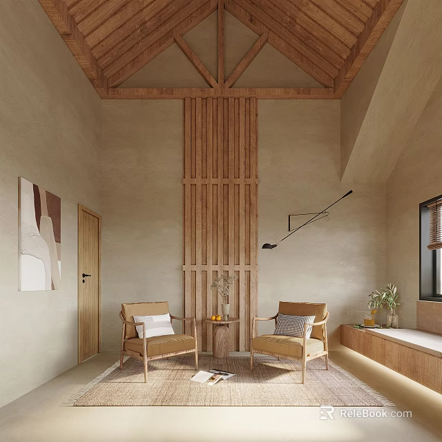 Cozy Interior Space With Wooden Beams Vertical Panel Beige Walls Armchairs And Potted Plants 3d model 