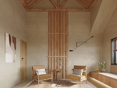 Cozy Interior Space With Wooden Beams Vertical Panel Beige Walls Armchairs And Potted Plants 3d model