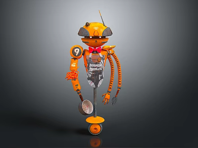 Orange Mechanical Robot Character with Antenna Wheels Red Bow Tie and Tool Arms 3d model