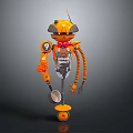 Orange Mechanical Robot Character with Antenna Wheels Red Bow Tie and Tool Arms