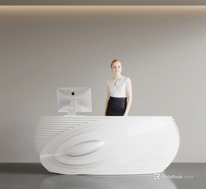 Modern Front Desk Reception With Receptionist At White Curved Desk And Apple Monitor 3d model 