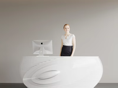 Modern Front Desk Reception With Receptionist At White Curved Desk And Apple Monitor 3d model