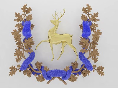 Golden Deer Wall Decor With Oak Leaves And Blue Ribbons Design 3d model