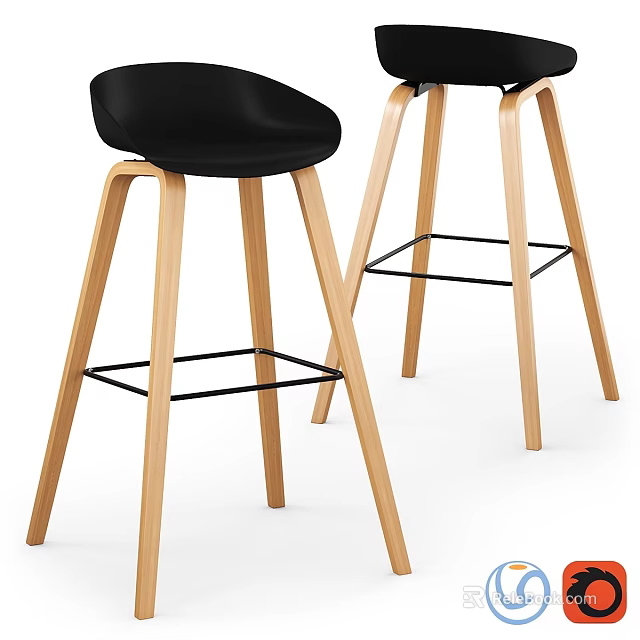 Modern Bar Stool With Black Seat Wooden Legs And Footrest Design 3d model 