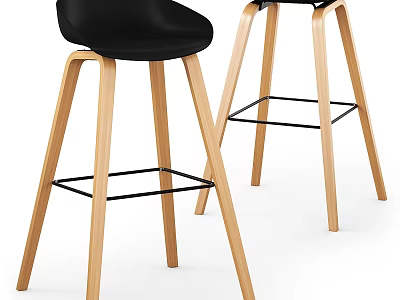 Modern Bar Stool With Black Seat Wooden Legs And Footrest Design 3d model