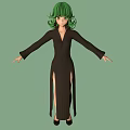3D Green Haired Character In Black Slit Dress With Arms Outstretched On Green Background