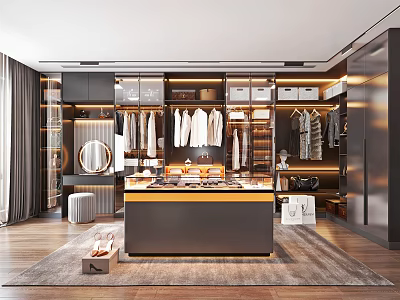 Modern Walk In Closet Interior With Hanging Clothes Cabinets Mirror And Dressing Table 3d model