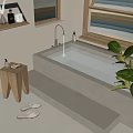 Modern Minimalist Bathtub with Steps Wooden Stool Soap Slippers and Green Plant Leaves
