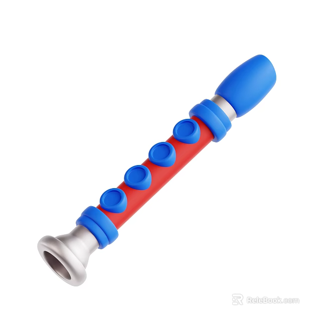 Toy Flute With Red Body Blue Accents And Round Holes For Children Play 3d model 