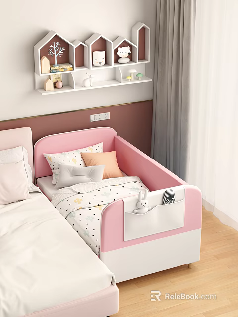 Pink Kids Bed with Safety Rail Soft Pillows Polka Dot Mattress and Side Storage Pocket 3d model 