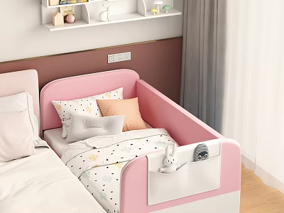 Pink Kids Bed with Safety Rail Soft Pillows Polka Dot Mattress and Side Storage Pocket 3d model