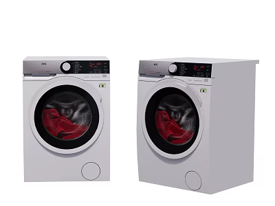 Two White Modern Washing Machines With Control Panel And Red Clothes Inside 3d model