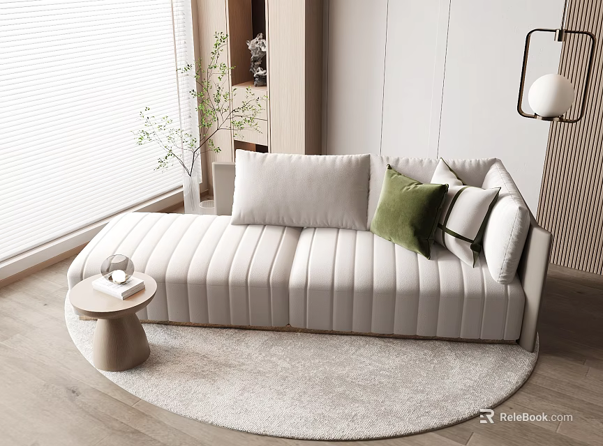 Light Colored Chaise Lounge In Minimalist Room With Round Table And Greenery 3d model 