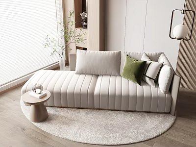 Light Colored Chaise Lounge In Minimalist Room With Round Table And Greenery 3d model