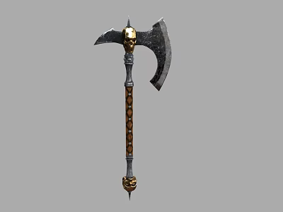 Medieval Battle Axe With Skull Decoration Metal Blade Braided Handle And Golden Accents 3d model
