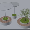 Landscape Seats With Circular White Canopies Wooden Bases And Green Grass Plus Small Tree
