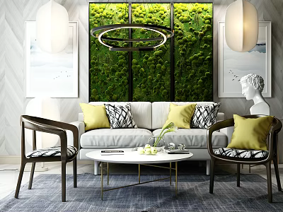 Modern Sofa Coffee Table Set With Yellow Cushions Accent Chairs And Green Moss Wall 3d model