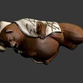 Brown Bear Sculpture in Lying Posture with Cloth Decoration and Wooden Texture
