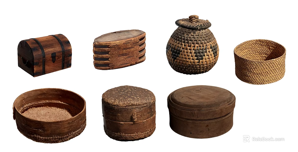 Various Handwoven And Wooden Storage Baskets With Round Oval And Lidded Designs For Home 3d model 