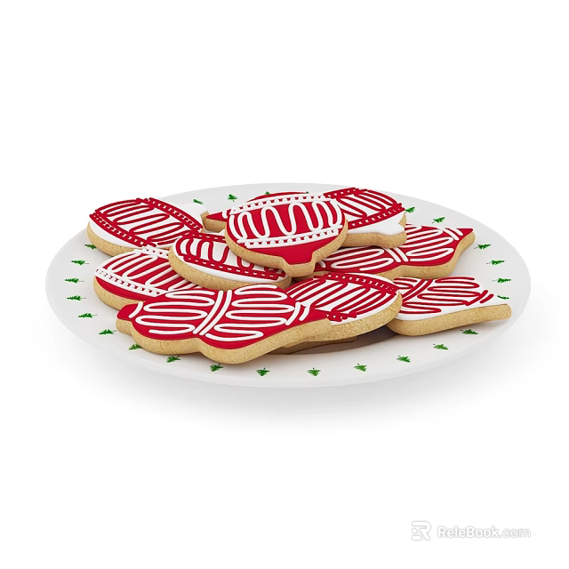 Festive Cookies with Red and White Frosting on White Plate with Green Patterns 3d model 