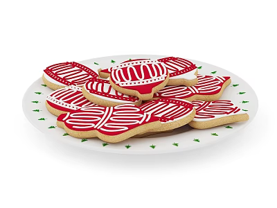 Festive Cookies with Red and White Frosting on White Plate with Green Patterns 3d model