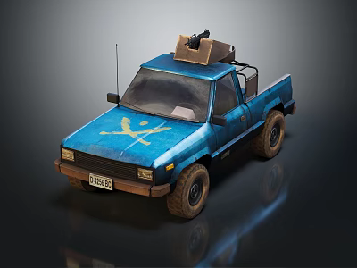 Blue Pickup Truck With Yellow Graphic And Roof Mounted Storage Equipment 3d model