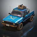 Blue Pickup Truck With Yellow Graphic And Roof Mounted Storage Equipment