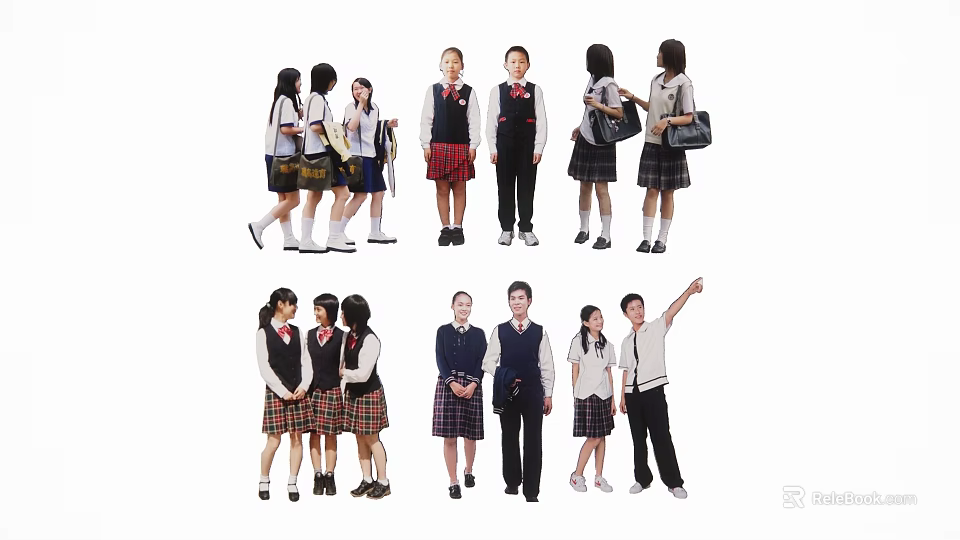 Group of School Students Wearing Uniforms with Various Poses and Interactions 3d model 