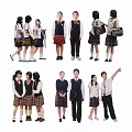 Group of School Students Wearing Uniforms with Various Poses and Interactions