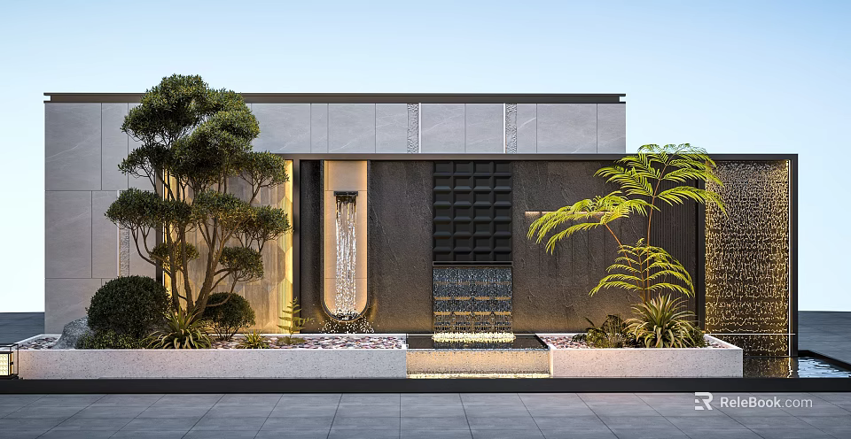 Modern Courtyard Design With Waterfall Feature Geometric Wall And Greenery 3d model
