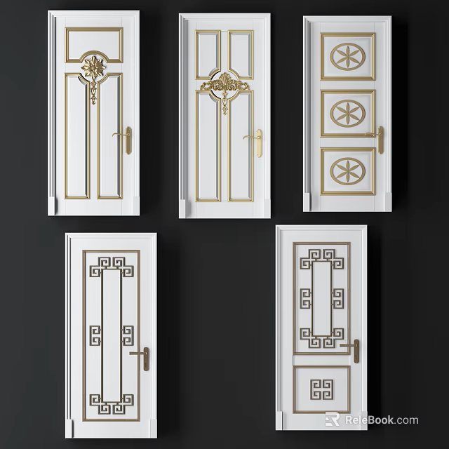Chinese Style Hinged Doors With White Panels And Golden Decorative Patterns 3d model 