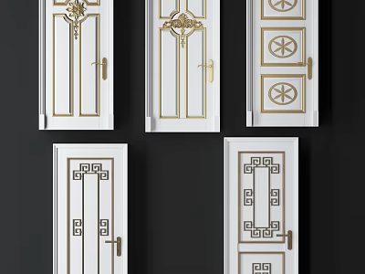 Chinese Style Hinged Doors With White Panels And Golden Decorative Patterns 3d model